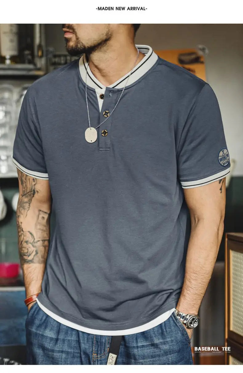 Maden Mens Vintage Henley Short Sleeve Tee Cotton Casual