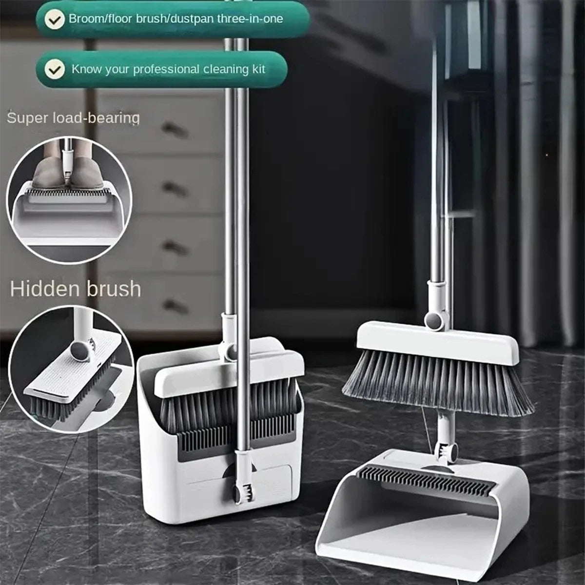 3 In 1 Broom And Dustpan Set With Long Handle For Home And Office Cleaning PVC Head