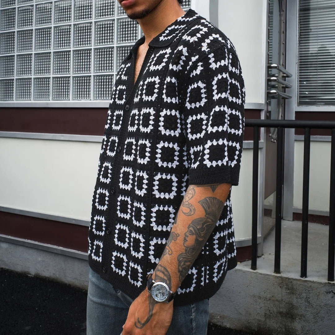Men's Breathable Knit Printed Short Sleeve Top for Summer Comfort