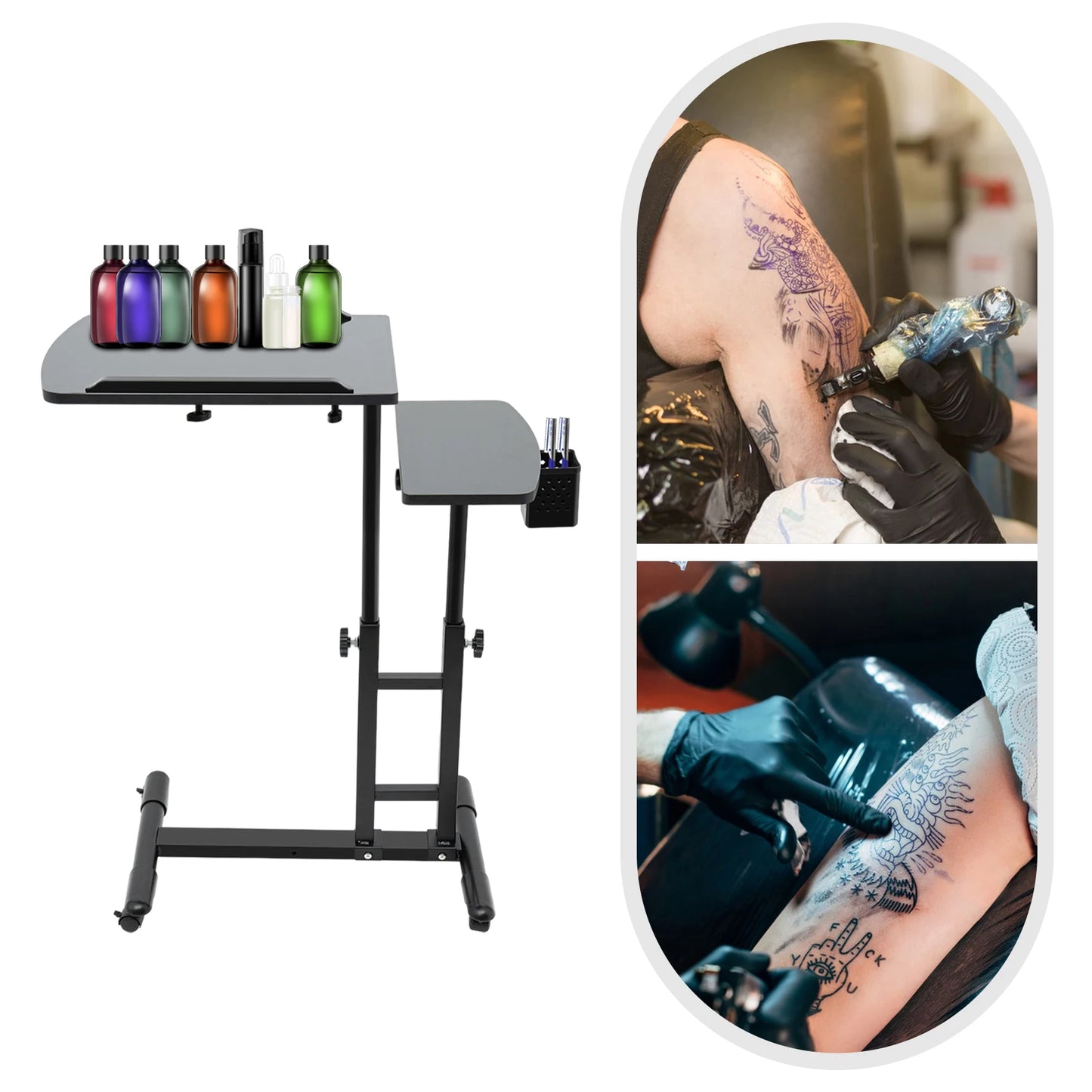 Portable Tattoo Table Workstation Wheeled Height Adjustable Industrial Strength Dual Surfaces 64x40 cm