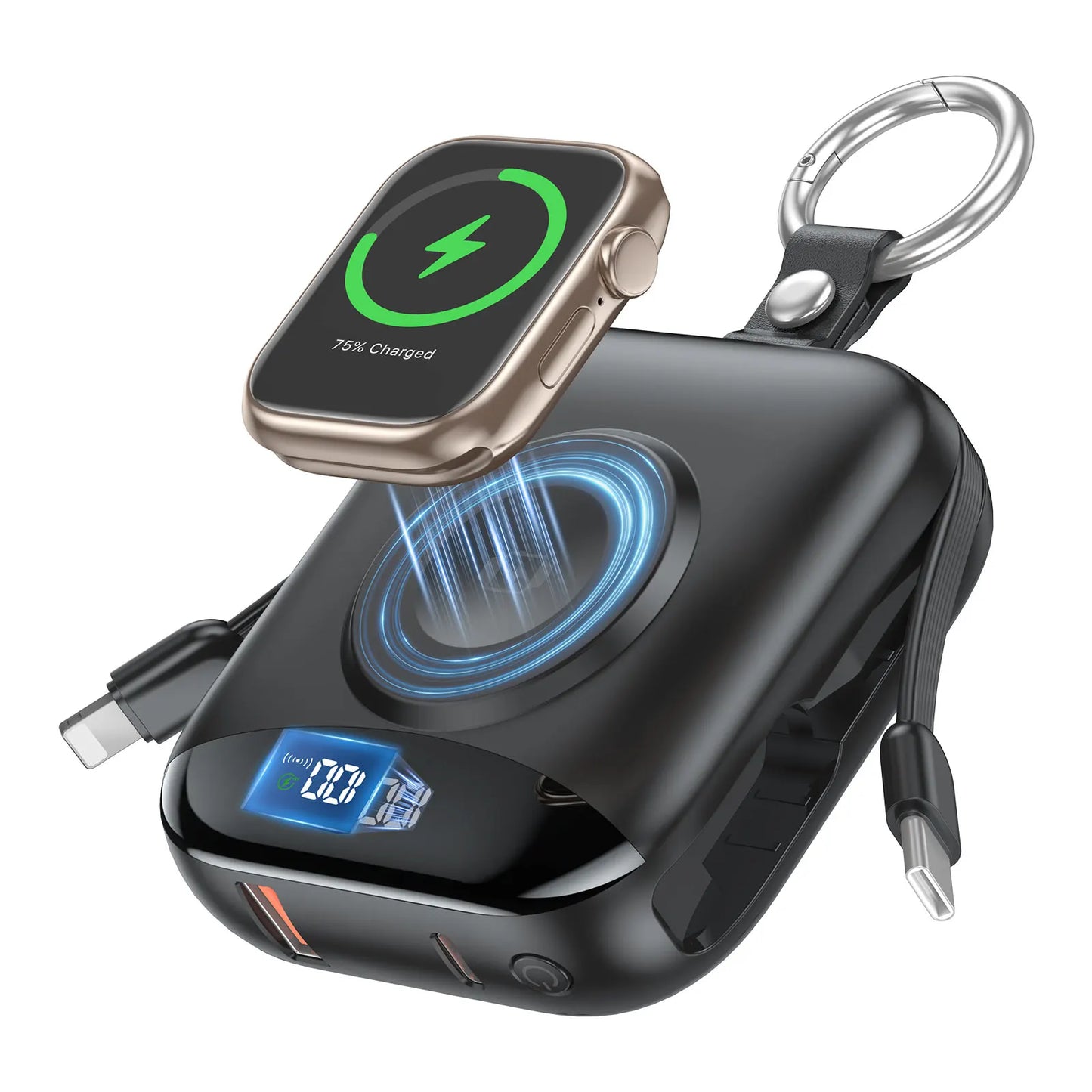 10000mAh 22.5W Fast Charging Power Bank With Built In Cables Dual Output Lightning USB C USB A And Wireless Charging