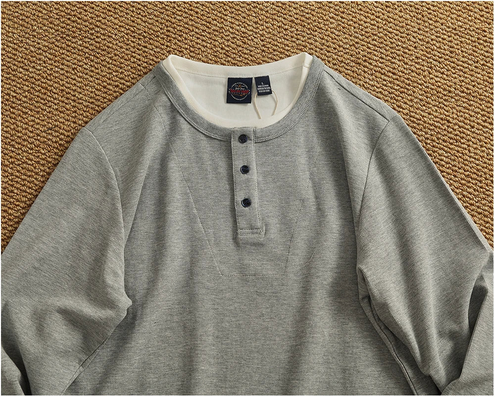 Iceupsnow Men's Retro Autumn Heavyweight Long Sleeve Henley Collar T Shirt