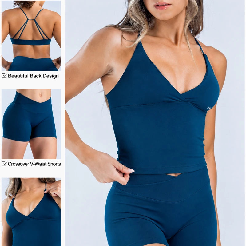 Seamless Women Workout Set V Neck Tank Top And High Waist Shorts