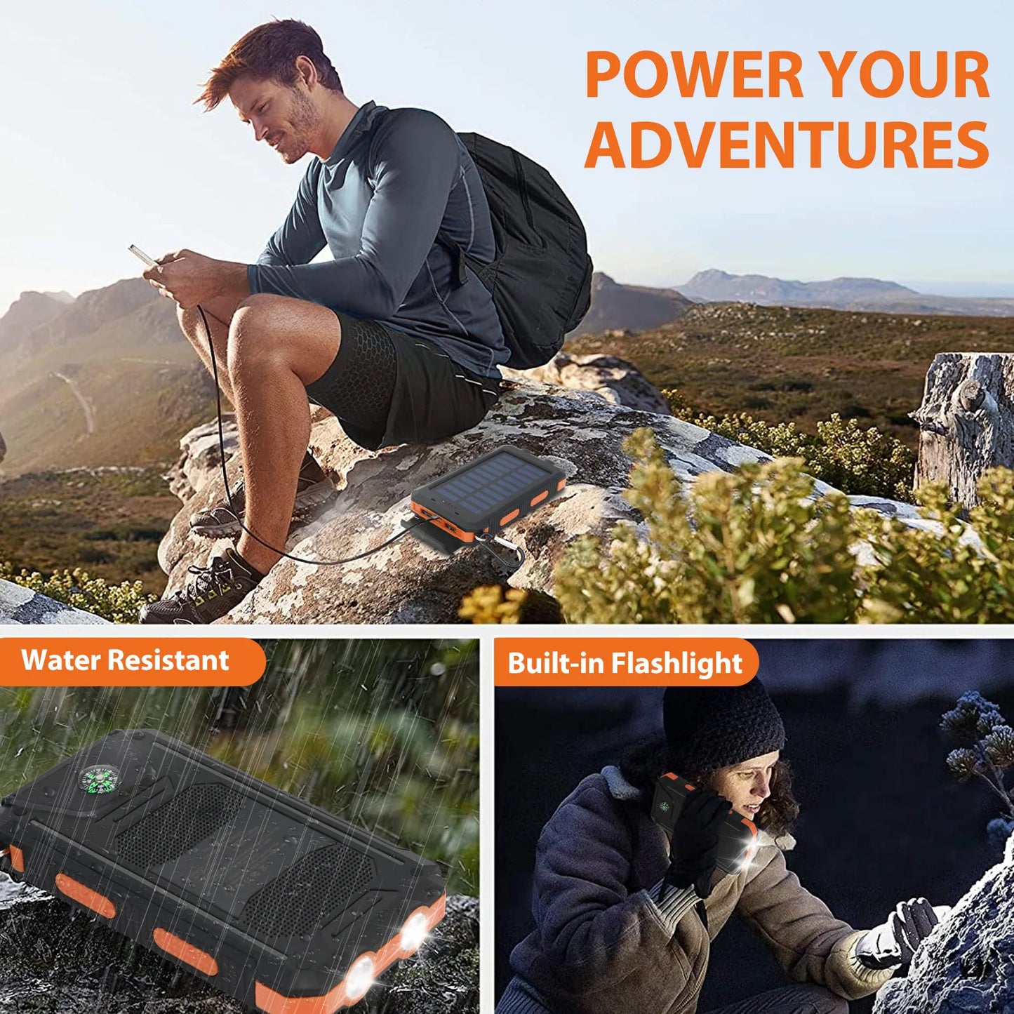Solar Power Bank 20000mAh Waterproof Charger With Dual USB Ports Quick Charge 3.0 Compatible For Outdoor Adventures