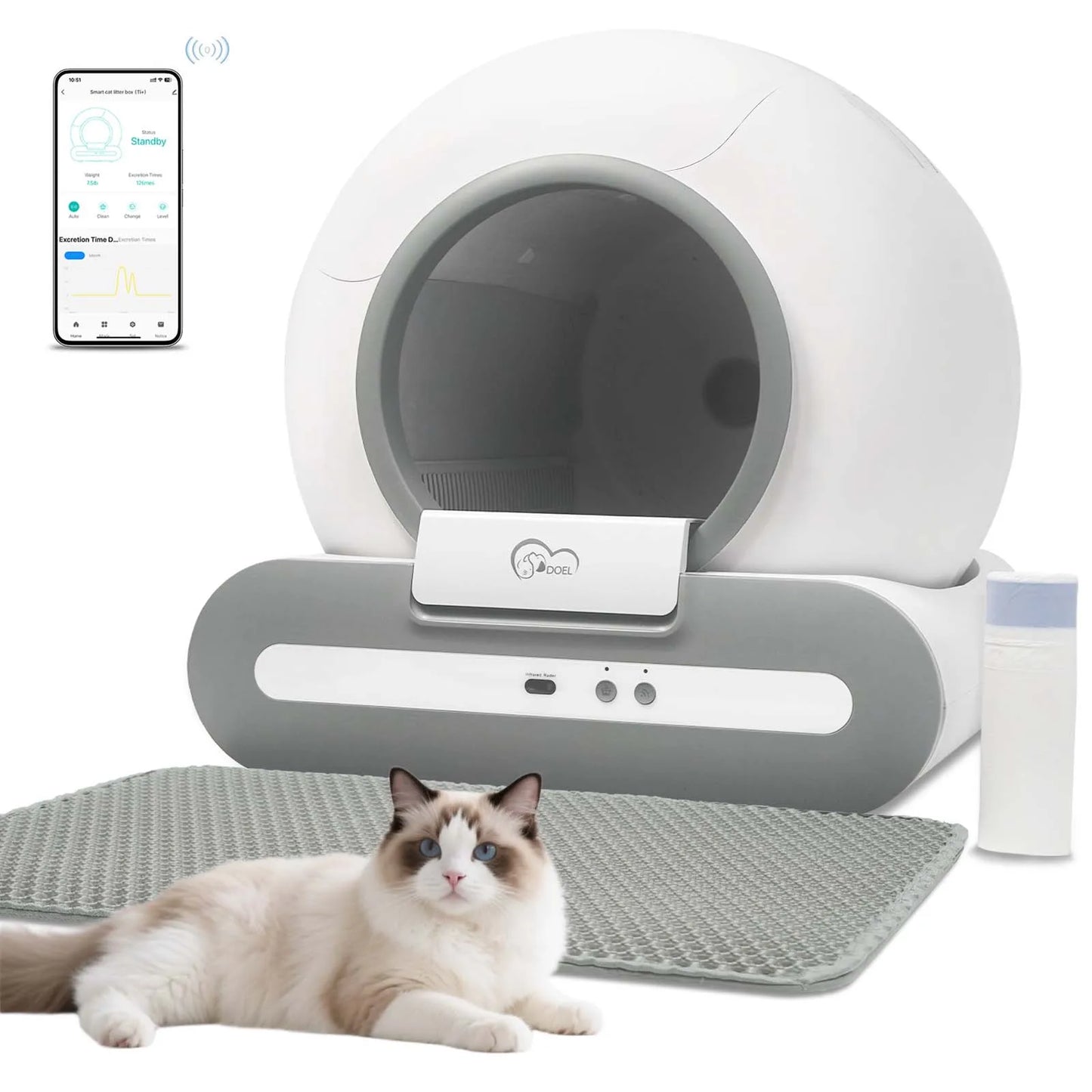 DOEL Self Cleaning Cat Litter Box With App Control And 2.4GHz WiFi Infrared And Weight Sensors Automatic Pause