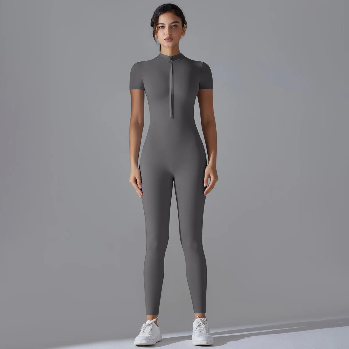 Naked Zipper Short Sleeve Yoga Jumpsuit High Stretch Nylon Spandex Breathable Flat Lock Seams