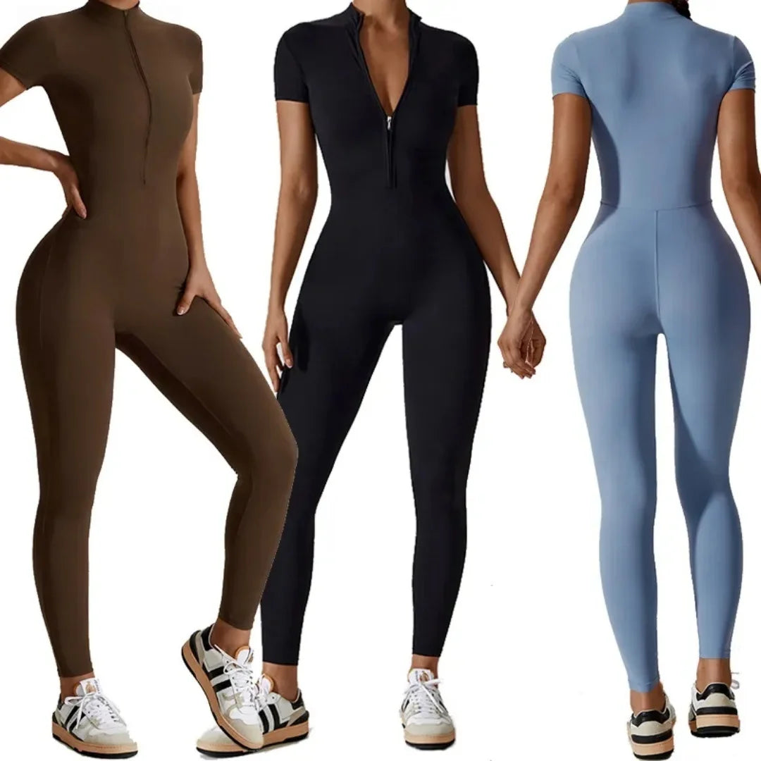 Naked Zipper Short Sleeve Yoga Jumpsuit High Stretch Nylon Spandex Breathable Flat Lock Seams