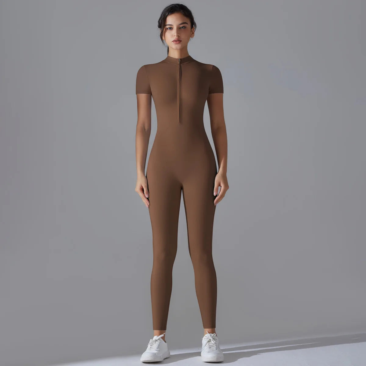 Naked Zipper Short Sleeve Yoga Jumpsuit High Stretch Nylon Spandex Breathable Flat Lock Seams