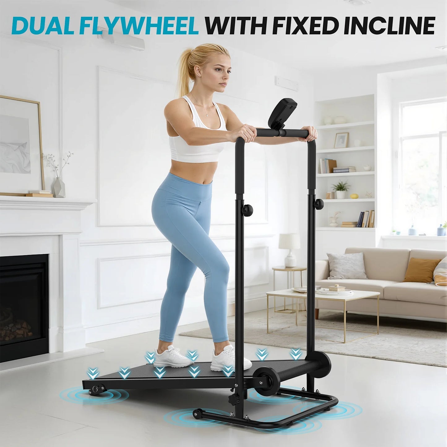 AKLUER Non Motorized Foldable Treadmill With Dual Flywheels LCD Monitor