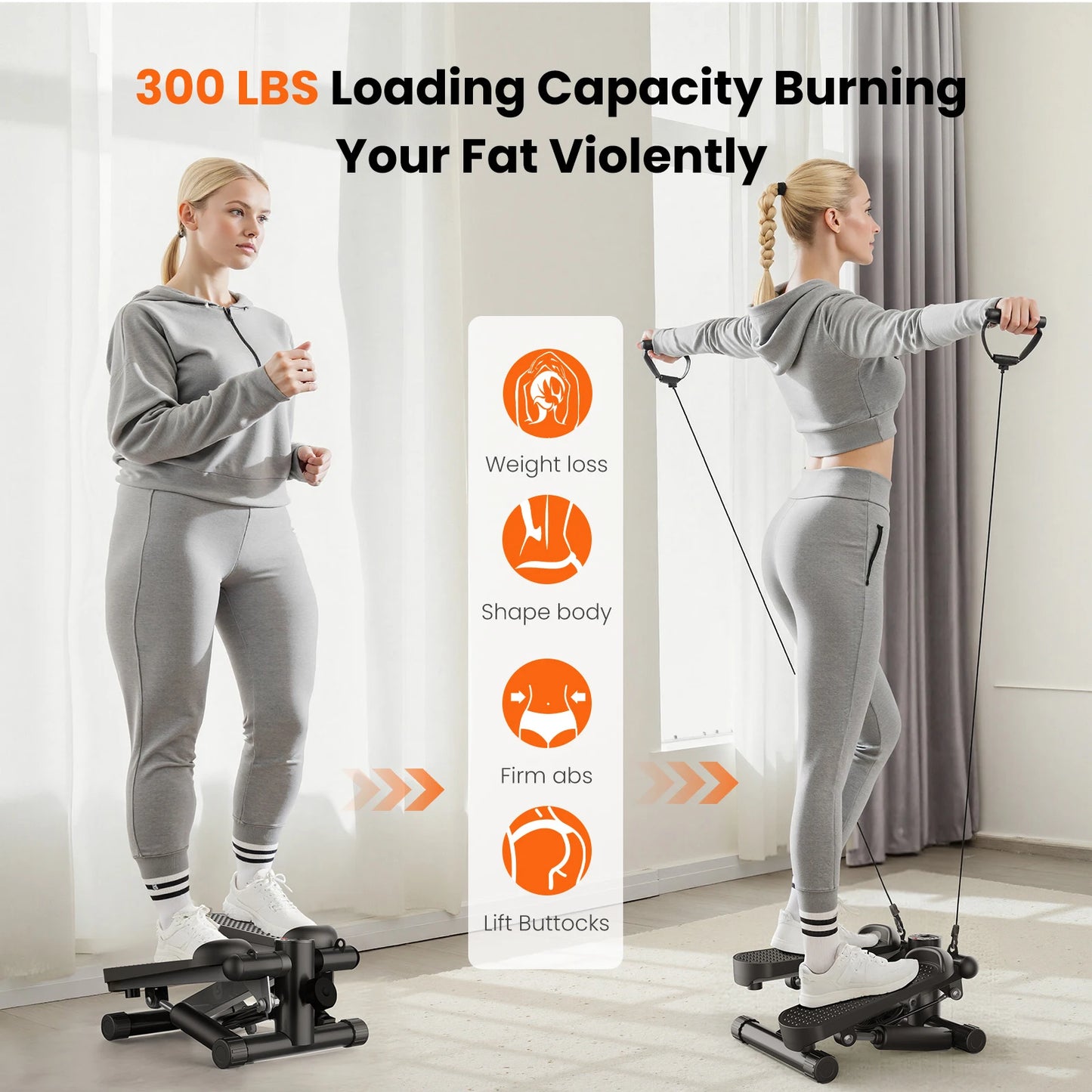 JHK Mini Stepper With Resistance Bands 300 Lbs Capacity