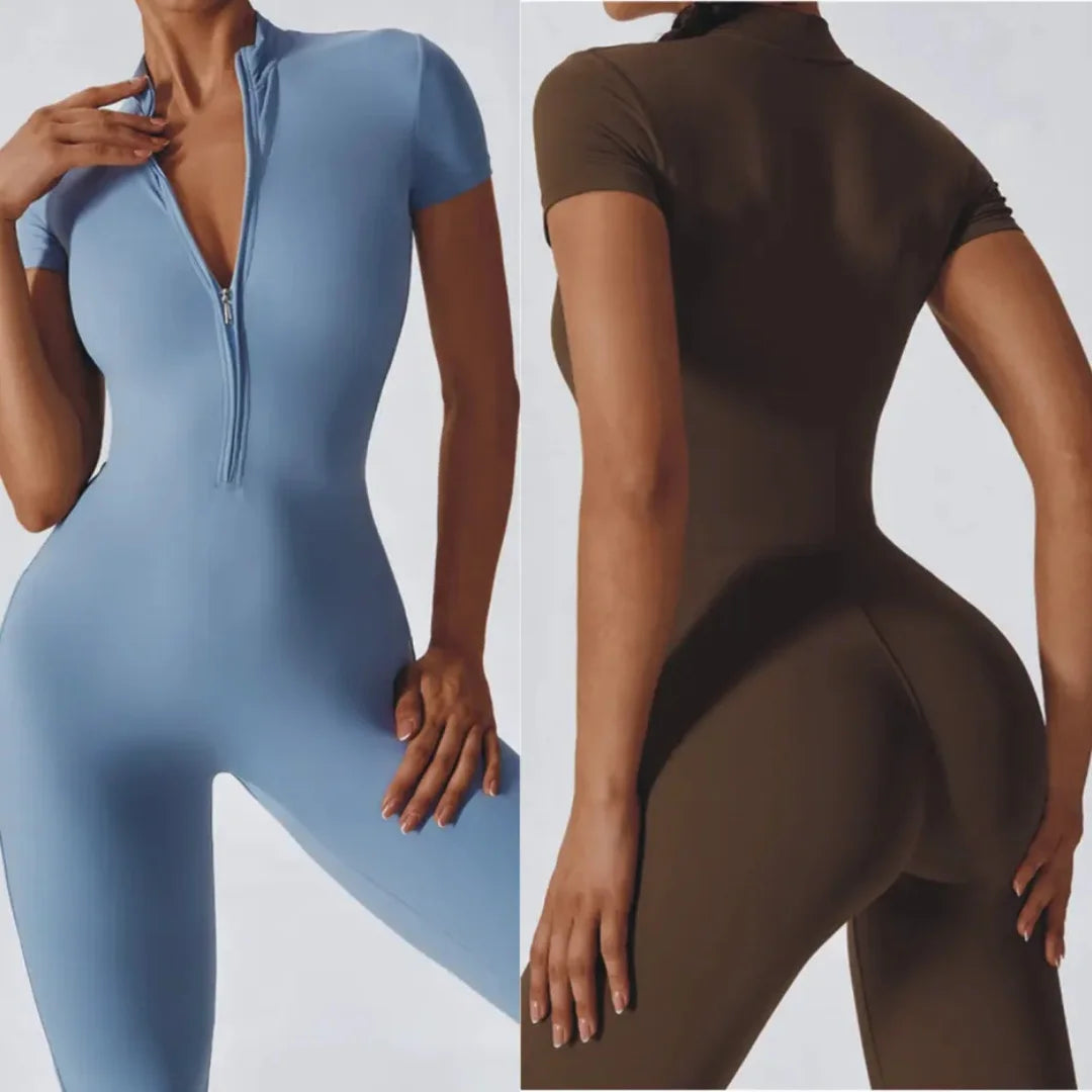 Naked Zipper Short Sleeve Yoga Jumpsuit High Stretch Nylon Spandex Breathable Flat Lock Seams