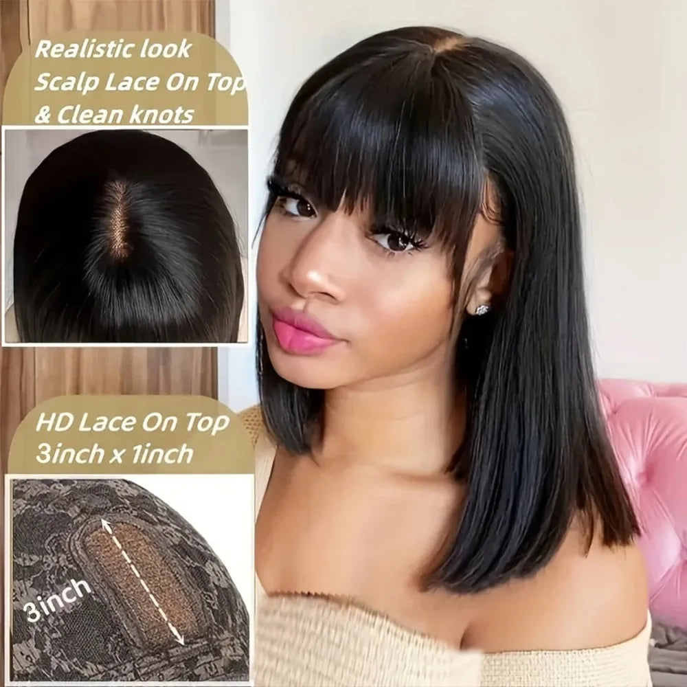 Smilegirl Brazilian Remy Hair Bob Wig With Bangs 3x1 Lace Glueless