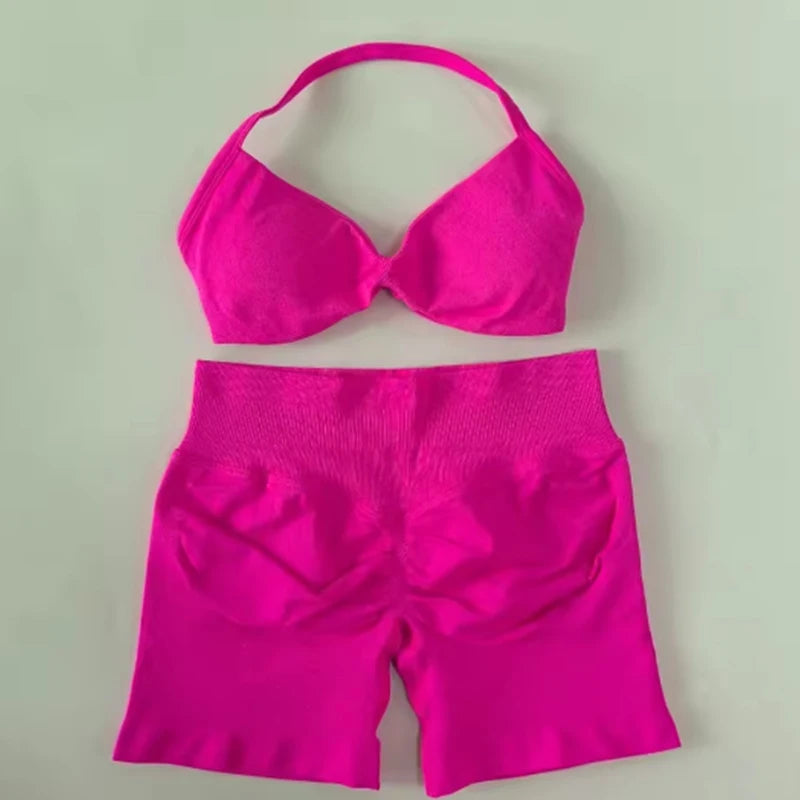 Cavendi Women Yoga Set Halter Top and Seamless Shorts