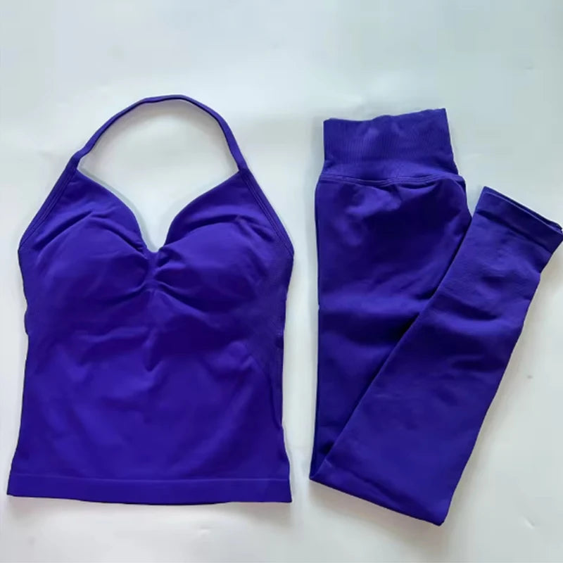 Women Halter Neck Yoga Set 2 Piece High Waist Leggings Crop Top