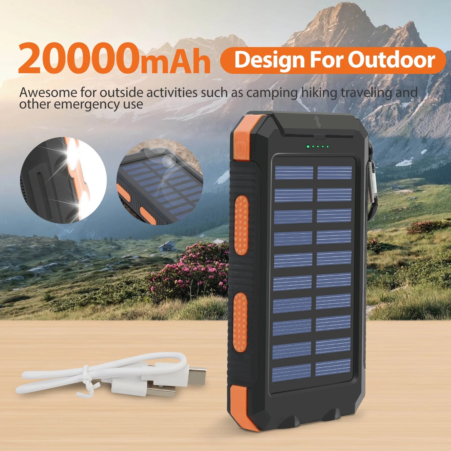 Solar Power Bank 20000mAh Waterproof Charger With Dual USB Ports Quick Charge 3.0 Compatible For Outdoor Adventures