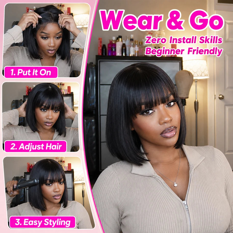 Smilegirl Brazilian Remy Hair Bob Wig With Bangs 3x1 Lace Glueless