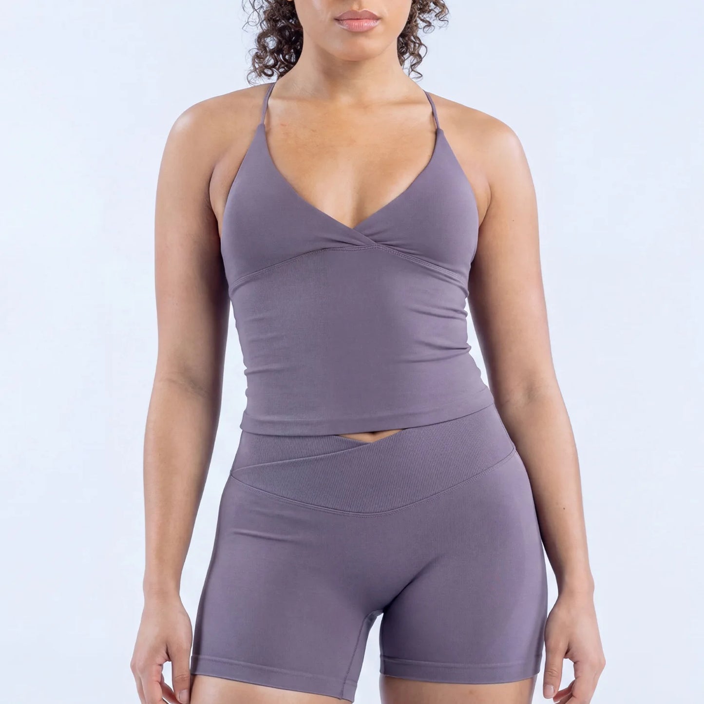 Seamless Women Workout Set V Neck Tank Top And High Waist Shorts