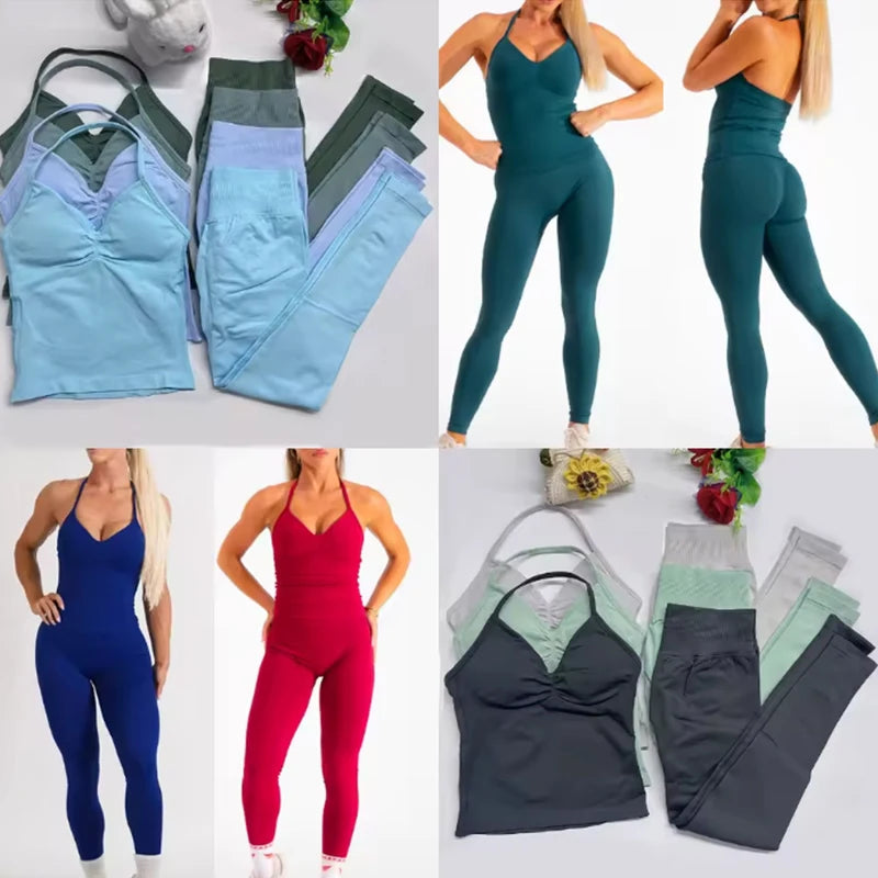 Women Halter Neck Yoga Set 2 Piece High Waist Leggings Crop Top