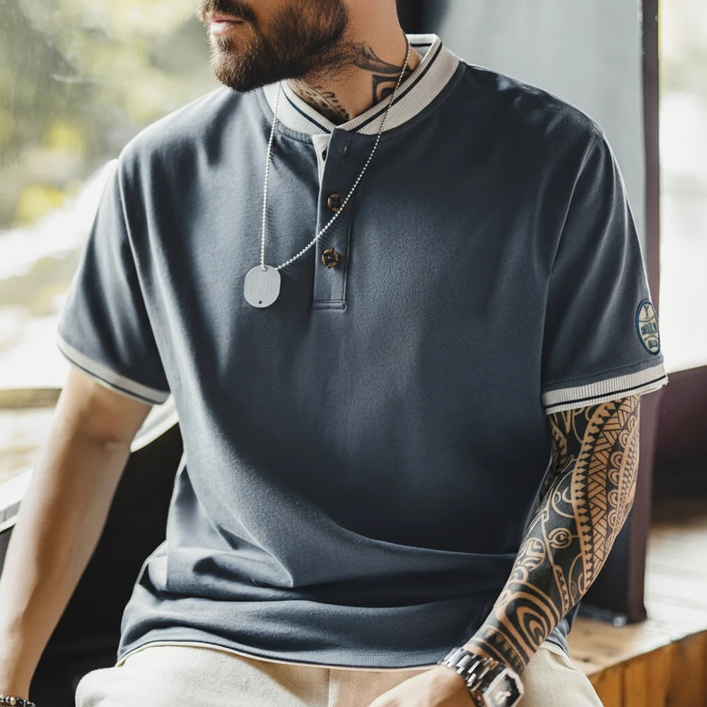 Maden Mens Vintage Henley Short Sleeve Tee Cotton Casual