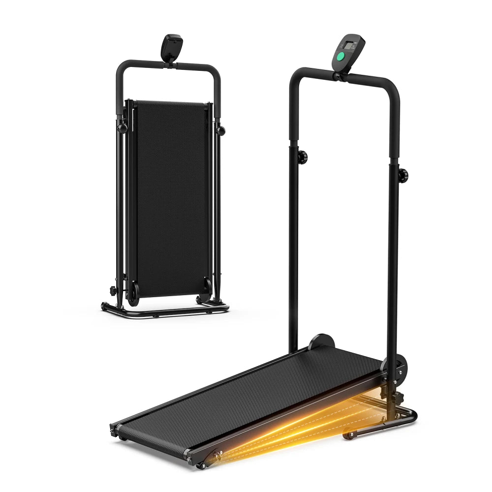 AKLUER Non Motorized Foldable Treadmill With Dual Flywheels LCD Monitor