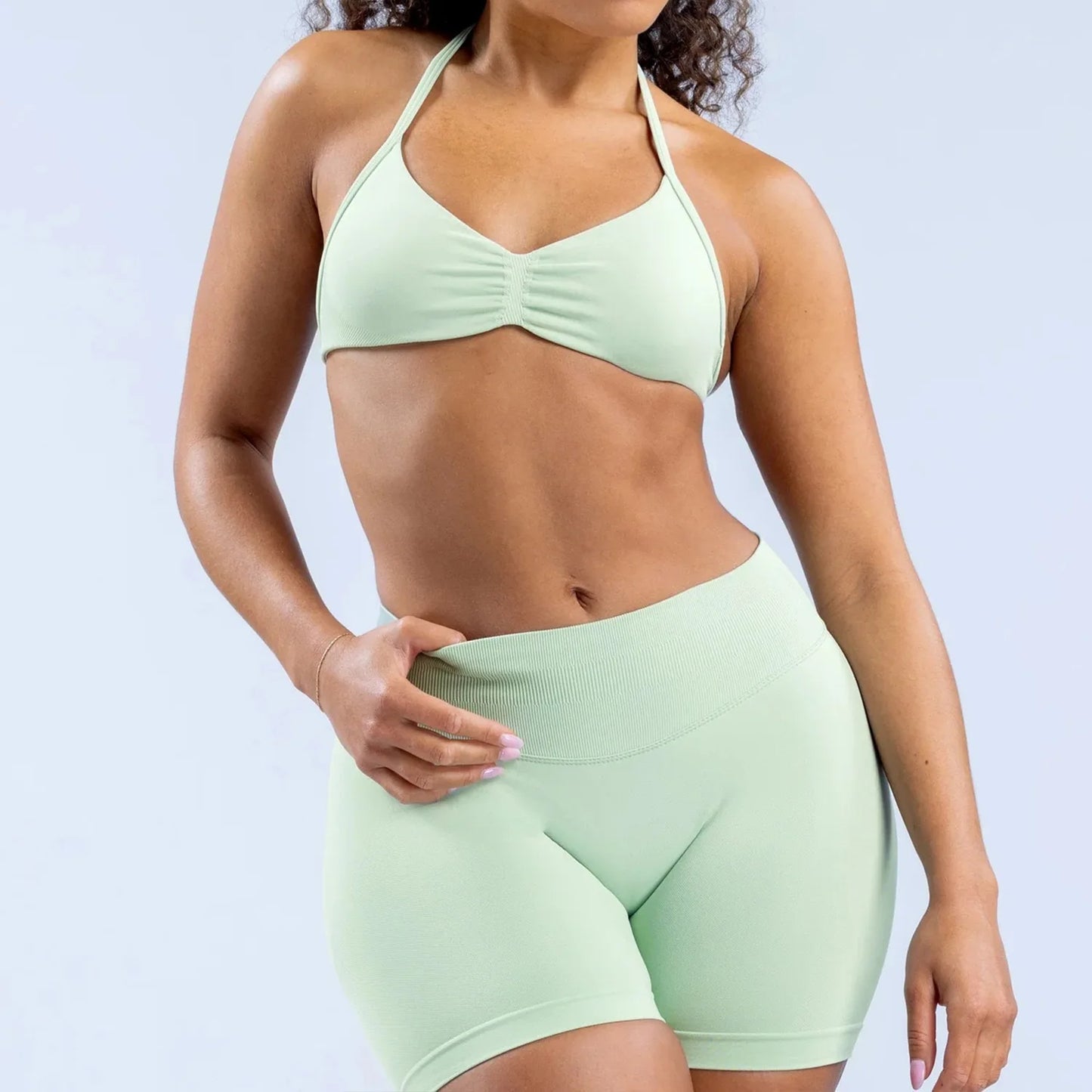 Cavendi Women Yoga Set Halter Top and Seamless Shorts