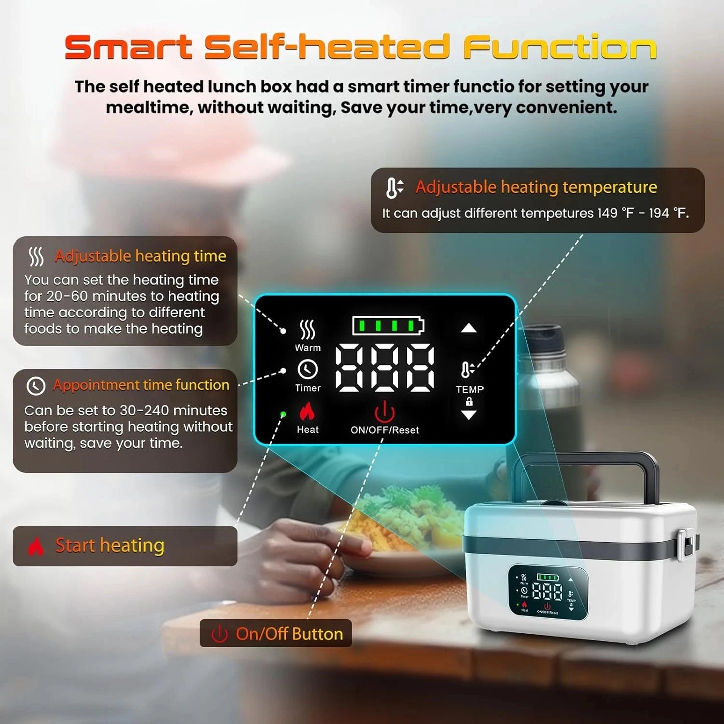Wireless Heated Insulated Lunch Box With 8000mAh Battery Smart Timer And Adjustable Temperature