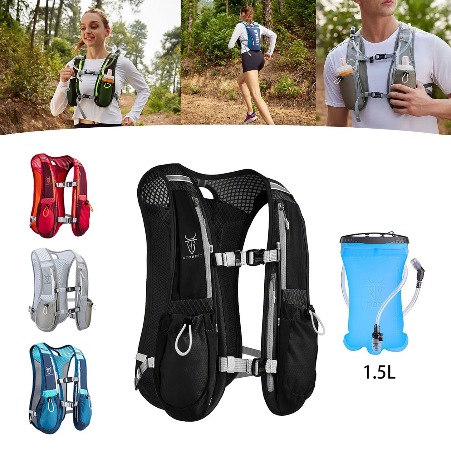 UTOBEST 2 Pack 5L Running Vest With 1.5L Hydration Reservoir Ultralight Multi Pocket For Camping And Fishing